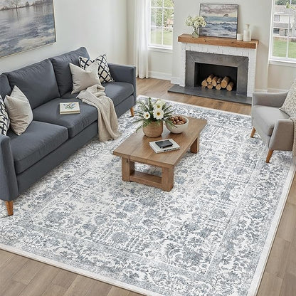 Navy Blue Area Rug 9x12 Machine Washable Large Vintage Living Room Distressed Non Slip Carpet Traditional Indoor Bedroom Retro Floral Accent Throw Rug for Office Kitchen Dining Room