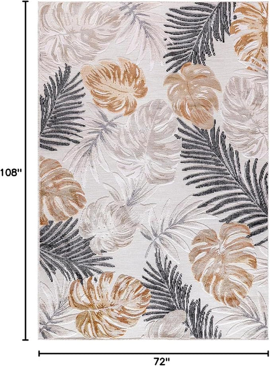 CAMILSON Indoor Outdoor Rug, Yellow 6’x9’ Leaf Tropical Botanical Area Rugs for Indoor and Outdoor patios, Easy-Cleaning Non-Shedding Living Room, Garden and Kitchen Washable Outside Carpet (6x9)