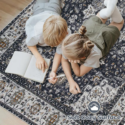 Area Rug 9x12 Washable Rug, Vintage Boho Medallion Rugs Non-Slip Soft Low Pile Large Distressed Rug Indoor Retro Carpet for Living Room Bedroom Dining Room Home Office (Vintage Black, 9'x12')