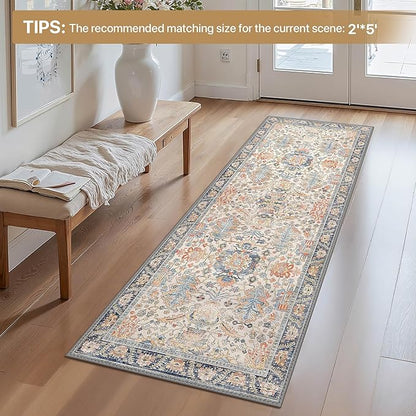 Bavni Runner Rug, Machine Washable Rugs for Bedroom 2x5, Non Slip Boho Rugs with Rubber Backing, Ultra-Thin Folable Rug Runner for Hallways Bathroom, Teal/Multi