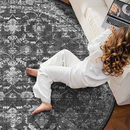 6ft Round Washable Area Rugs for Living Room, Vintage Boho Large Rug for Bedroom Dining Room Office, Distressed Floral Print Carpet for Under Table, Soft Non Slip Low Pile Throw Indoor Mat, Black