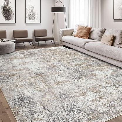 Area Rug Living Room Rugs - 9x12 Washable Large Soft Indoor Neutral Modern Abstract Low Pile Rug Carpet for Bedroom Dining Room Farmhouse Home Office - Brown/Grey/Black