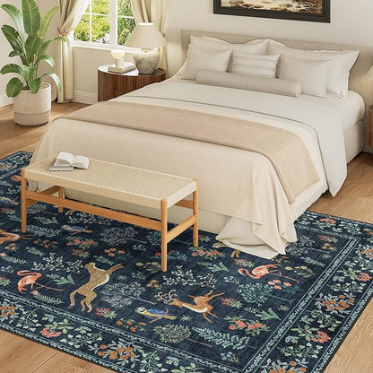 DUKINO 8x10 Rug, Washable Animal Living Room Rug with Non Slip Vintage Design, Soft Low Pile Large Carpet for Bedroom, Nursery, Dining Room, Farmhouse, Playroom, Navy Blue