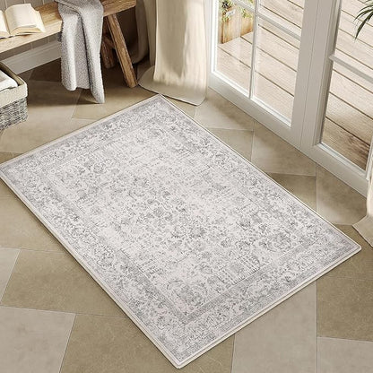Gray Entryway Area Rug 2x3 Door Mat Machine Washable Kitchen Vintage Distressed Non Slip Carpet Indoor Grey Retro Floral Accent Throw Small Rug for Bathroom Office Bedroom Dining Living Room