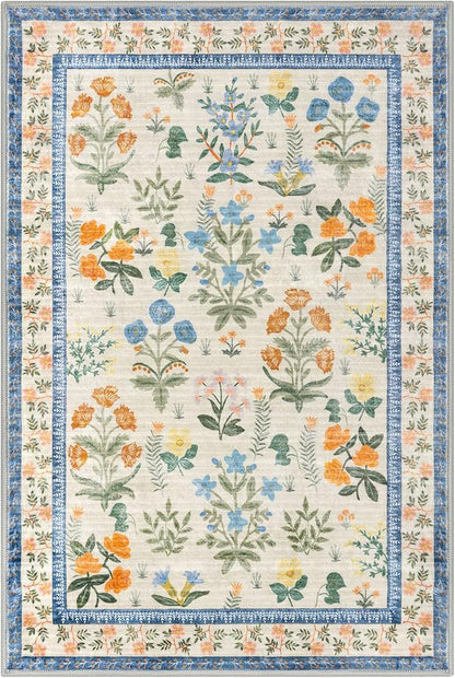 Boho Entryway Rug 2x3 Washable, Garden Yellow-Green Floral Kitchen Rug, Super Thin Faux Wool Small Area Rug, Non-Slip Soft Carpet for Foyer, Bedroom, Office