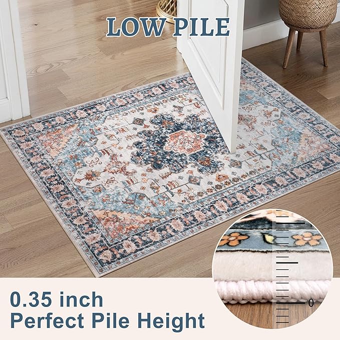 Tangsoo Vintage Rug 2x3 Washable Rug for Entryway, Non Slip Small, Indoor Front Door, Print Distressed Blue/Beige Door Mat Carpet, Soft Low Pile Rugs for Entrance Kitchen Bedroom Bathroom