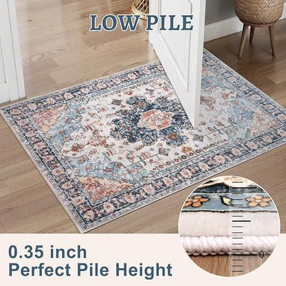 Tangsoo 3x5 Rug for Bedroom, Washable Vintage Rugs Indoor, Non Slip Accent Rug, Print Distressed Blue/Beige Carpet, Soft Low Pile for Living Room Dorm Bedroom Bedside Entryway Bathroom