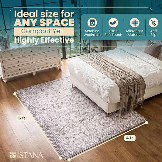 Istana 4x6 Rug - Beige Grey & Light Cream Area Rugs 4x6 - Kid & Pet Friendly Machine Washable Rugs - 4 x 6 Area Rug Non Slip & Non Shedding Area Rug - Foldable Rug for Room for Bedroom