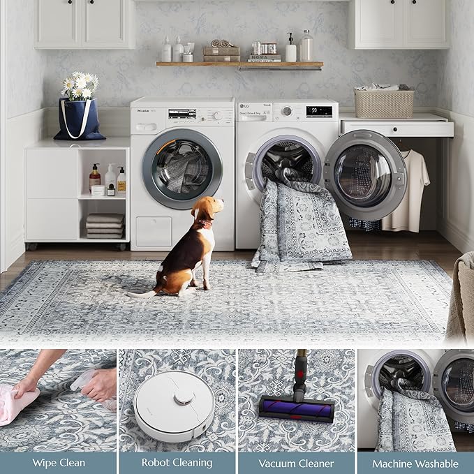 jinchan Hallway Runner Rug 2x10 - Machine Washable Grey Vintage Floral Distressed Design Soft Non-Slip Low-Pile Ultra-Thin Runner Rug for Kitchen Laundry Room Bedroom Farmhouse (2‘x10', Grey)