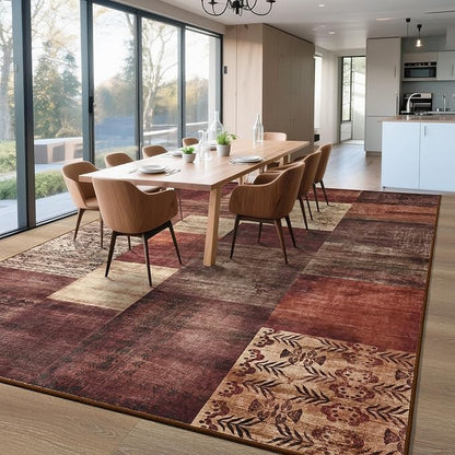 Tepook Modern Area Rug for Living Room, 8x10 Geometric Large Rugs for Bedroom, Washable Patchwork Rug Indoor Non-Slip Throw Carpets for Dining Room Office Farmhouse Home Decor, Red