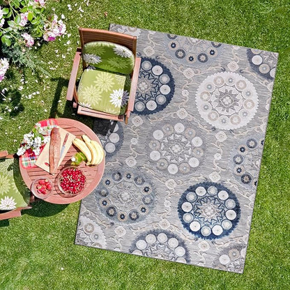 CAMILSON Indoor Outdoor Rug 8x10 Bohemian Medallion Floral Area Rugs for Indoor and Outdoor Patios Easy-Cleaning Non-Shedding Living Room Garden and Kitchen Washable Outside Carpet (8 x 10 / Blue)