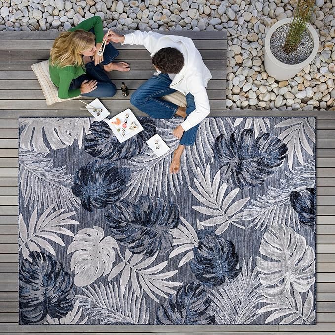 CAMILSON Indoor Outdoor Rug, Navy Blue 6’x9’ Leaf Tropical Botanical Area Rugs for Indoor and Outdoor patios, Easy-Cleaning Non-Shedding Living Room, Garden and Kitchen Washable Outside Carpet (6x9)