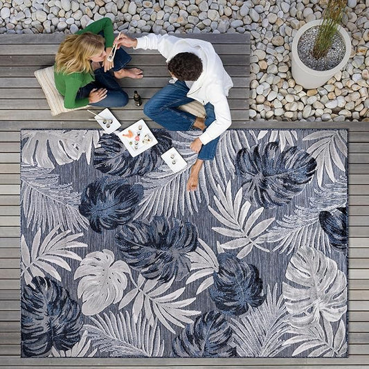 CAMILSON Indoor Outdoor Rug Navy Blue 4x6 Leaf Tropical Botanical Area Rugs for Indoor and Outdoor patios, Easy-Cleaning Non-Shedding Living Room Garden and Kitchen Washable Outside Carpet (4 x 6)
