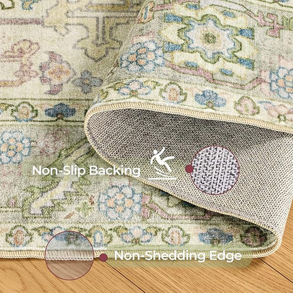 Kokia 6x9 Washable Sage Green Area Rugs with Vintage Orient Design Soft Rug for Living Room or Home Office Non-Slip Low Pile Stain Resistance Features Distressed Medallion Pattern