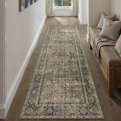 Brown Runner Rug 2'6"x14' Vintage Area Carpet Hallway Long Indoor Kitchen Washable Living Room Low Pile Traditional Distressed Retro Accent Rug Non Slip Laundry Bathroom Office Dining Room