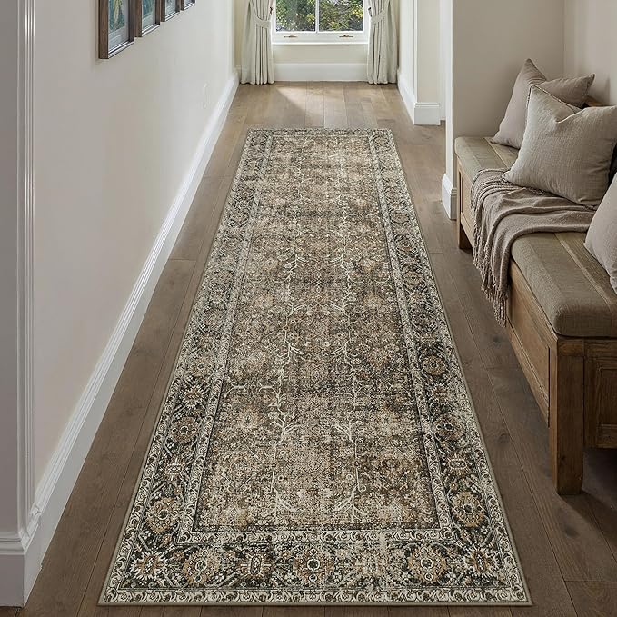 Brown Runner Rug 2'6"x10' Vintage Area Carpet Hallway Long Indoor Kitchen Washable Living Room Low Pile Traditional Distressed Retro Accent Rug Non Slip Laundry Bathroom Office Dining Room