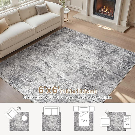Square Area Rugs : Washable 6x6 Neutral Modern Abstract Carpet for Living Room Bedroom - Soft Floor Mat with Non Slip Backing for Kitchen Nursery Dorms Farmhouse Home Decor - Grey