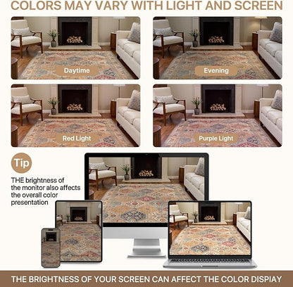 Bavni 6x9 Area Rugs for Living Room, Machine Washable Rug Non Slip, Vintage Chenille Distressed Print Carpet, Large Low Pile Ultra-Thin Lightweight Rugs for Bedroom, Dining Room, Home, Office, Orange