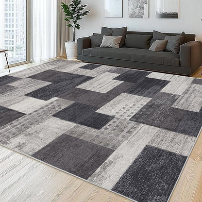 Modern Geometric Patchwork Indoor Area Rug for Living Room, Charcoal 8'x 10' Large Rug Rockwood Collection Hardwood Floors Decor for Bedroom, Grey Throw Carpet for Office Entryway Dining Room