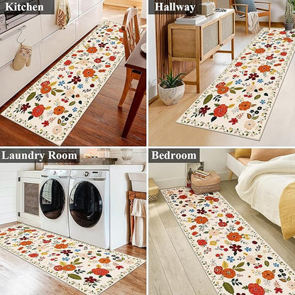 U'Artlines 2'x6' Boho Runner Rug for Hallways Kitchen Colorful Floral Soft Non Slip Washable Floor Carpet Runners for Entryway Laundry Room Bathroom Beige