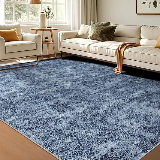 WITSHOCK 6x9 Area Rugs for Living Room: Machine Washable Non Slip Modern Abstract Carpet - Low Pile Print Rug for Bedroom Dining Room - Stain Resistant for Household - Pet Owners (Blue White)