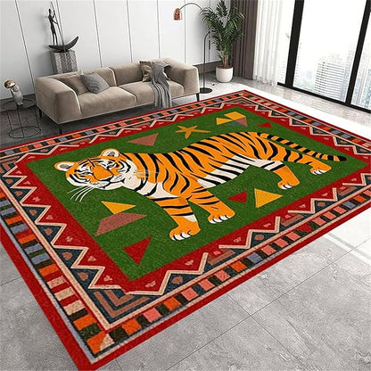Colorful Tiger Pattern Area Rug, 5x8ft,Stylish Geometric Border Tiger Rug, Add Unique Charm To Your Home,Cute Animal Print Pattern Rugs Suitable for Children's Room Living Room Bedroom Farmhouse