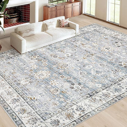Area Rug 10x12 Living Room Rugs, Machine Washable Vintage Distressed Boho Area Rug Non-Slip Soft Low Pile Large Indoor Rugs for Bedroom Kitchen Dining Room Office(Light Blue,10'x12')