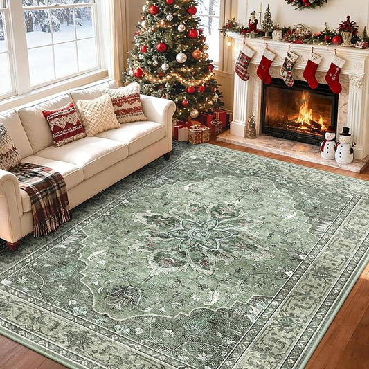 Area Rugs 5'x8' Washable Non-Slip, Floral Vintage Distress Print Pattern Medallion Carpet for Living Room Bedroom Dining Room, Dark Green Gray