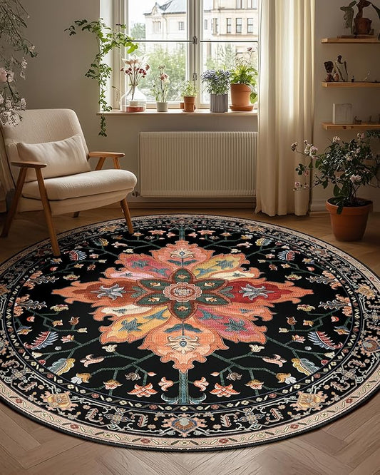 Area Rugs 5ft Washable Non-Slip, Floral Vintage Distress Print Pattern Medallion Carpet for Living Room Bedroom Dining Room, Black Colorful Floral Dark Tan