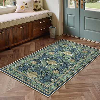 Bavni 4x6 Area Rugs, Floral Machine Washable Rugs for Living Room, Dinning Room, Bedroom, Non Slip Aesthetic Vintage Low Pile Durable Lightweight Farmhouse Rug, Tea Green/Blue