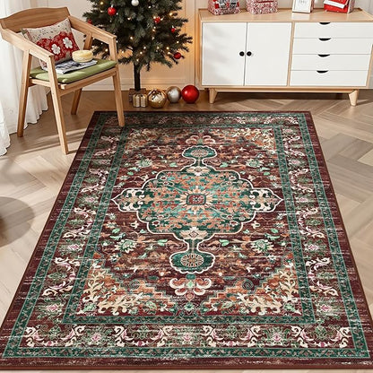 U'Artlines Boho Vintage Area Rug 3x5 Machine Washable Low Pile Ultra-Thin Soft Floor Carpet Non Slip Non Shedding Accent Rug for Living Room Bedroom Entryway Dining Room Office Rust＆Teal