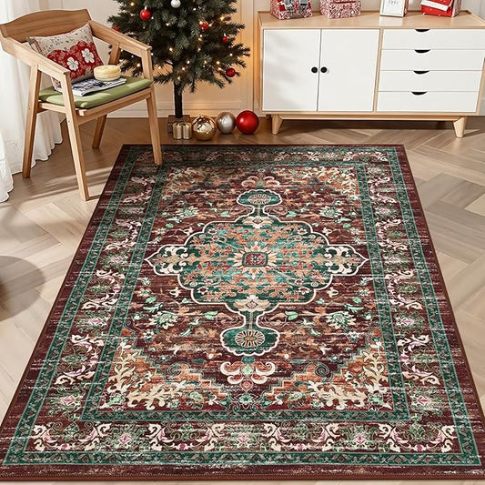 U'Artlines Boho Vintage Area Rug 3x5 Machine Washable Low Pile Ultra-Thin Soft Floor Carpet Non Slip Non Shedding Accent Rug for Living Room Bedroom Entryway Dining Room Office Rust＆Teal
