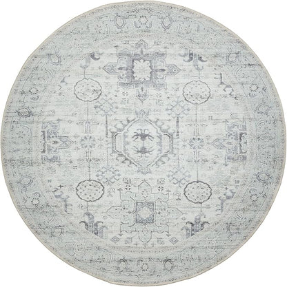 GLN Rugs Traditional Collection - Machine Washable Area Rug, Traditional Washable, Non Slip, Low Pile Chenille Rug, Living Room, Bedroom, Kitchen Rug (5'3" Round Cream/Gray/Sea Salt)
