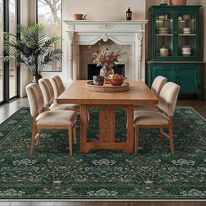 9x12 Floral Washable Area Rugs for Living Room, Vintage Boho Large Rug for Bedroom Dining Room， Distressed Botanical Birds Non Slip Low Pile Animal Throw Carpet for Farmhouse Office, Bright Green