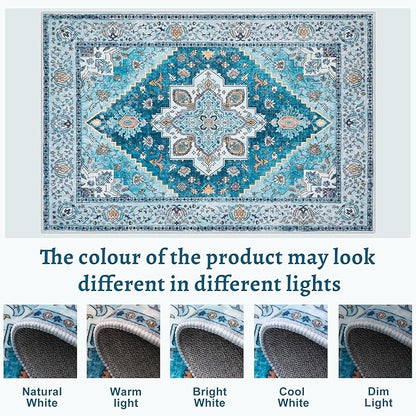 Tangsoo Blue 3x5 Washable Rug, Vintage Indoor Area Rugs, Boho Non Slip Accent Rug Carpet, Soft Low Pile Rugs for Living Room Dorm Bedroom Bedside Entryway Bathroom Home Decor