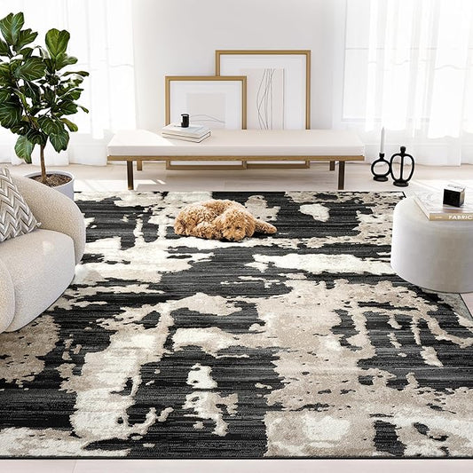 Abani Terra Cream Area Rug for Living Room, Bedroom - Black Abstract Pattern - 6' Round - Durable & Easy to Clean