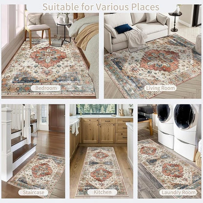 Enkor Runner Rugs for Hallway, 2x8 Washable Soft Non Slip Floor Rugs for Kitchen, Modern Mat for Living Room Bedroom Entryway Beige & Red