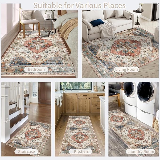Enkor Runner Rugs for Hallway, 2.6x10.5 Washable Soft Non Slip Floor Rugs for Kitchen, Modern Mat for Living Room Bedroom Entryway Beige & Red