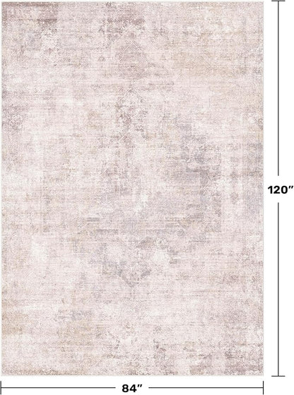 Pink and Grey Living Room Medallion Rug 7x10 - Modern Washable Area Rug for Living Room, Dinning Room, Non Slip Thin & Soft Carpet