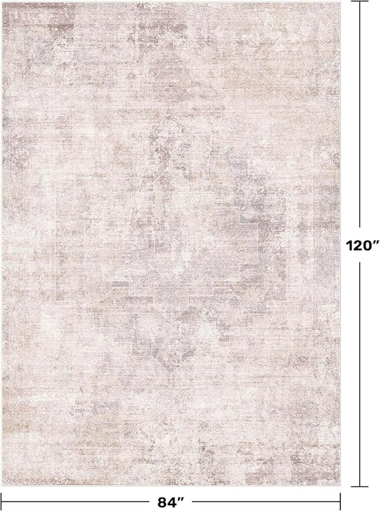 Pink and Grey Living Room Medallion Rug 7x10 - Modern Washable Area Rug for Living Room, Dinning Room, Non Slip Thin & Soft Carpet