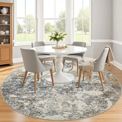 8ft Washable Round Rug - 8x8 Area Rugs Modern Abstract Rugs for Living Room Non-Slip Low Pile Soft Machine Washable Carpet for Bedroom, Living Room, Dining Room, Nursery, Farmhouse (8'x8' Tan Blue)