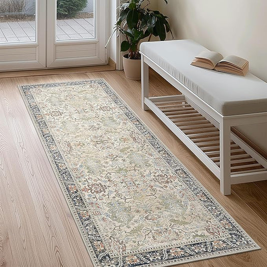 Bavni Bedroom Rug Runners for Hallways, Washable Runner Rug 2x7, Low Pile Non-Slip Indoor Throw Carpet for Bedroom Laundry Room, Ivory/Teal