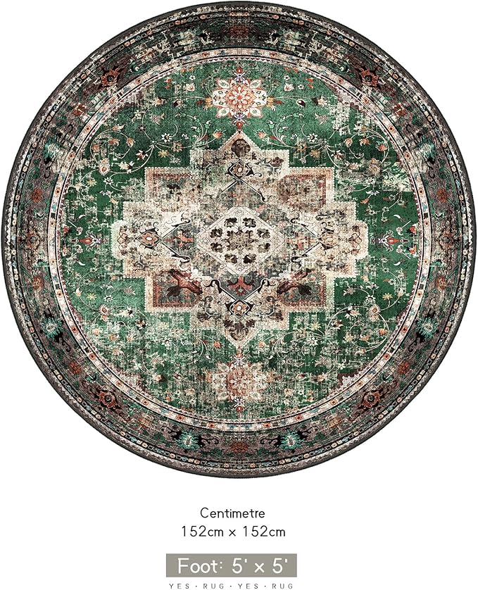 Round Rug 5ft for Bedroom, Green Washable Circle Rug Non-Slip Boho Area Rug 5' Round Carpet for Dining Room Kitchen Dorm Bathroom Low Pile Soft