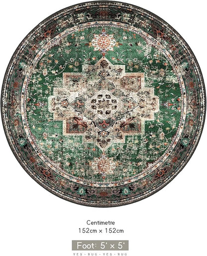Round Rug 5ft for Bedroom, Green Washable Circle Rug Non-Slip Boho Area Rug 5' Round Carpet for Dining Room Kitchen Dorm Bathroom Low Pile Soft