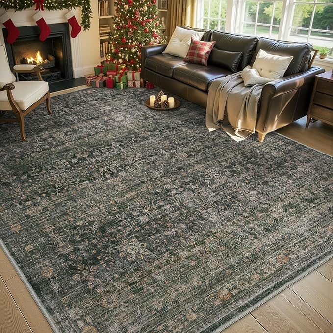 MontVoo-Vintage Area Rug 9X12 Green Rugs for Living Room-Soft Distressed Printed Rugs for Bedroom-Non Slip Carpet-Machine Washable Rug for Dining Room Living Room Bedside Office
