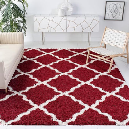 SAFAVIEH Area Rug 8x10 - Dallas Shag Collection - Large - Red & Ivory, Trellis Pattern, Non-Shedding & Easy Cleaning, Plush Thick Pile, Ideal for Living Room, Bedroom, Dining Space (SGD257Q)