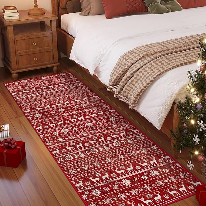 Christmas Runner Rug 2x6 Washable Rugs, Boho Christmas Tree Snowflake Rug Non-Slip Soft Low Pile Non Shedding Indoor Holiday Decor Carpet for Bedroom Bathroom Laundry Staircase Foyer (Xmas Red, 2'x6')