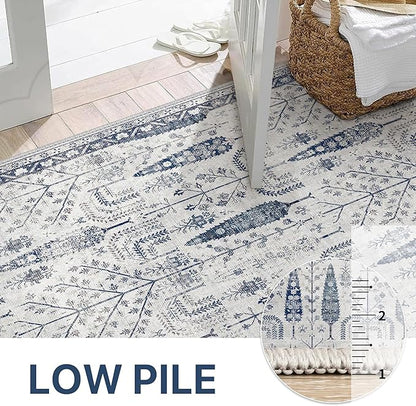 Bavni Rugs for Living Room, Floral Non Slip Machine Washable Rug, Neutral Low Pile Lightweight Rug for Dining Room Bedroom, Thin Durable Farmhouse Vintage Tree Blue 6x9 Rugs