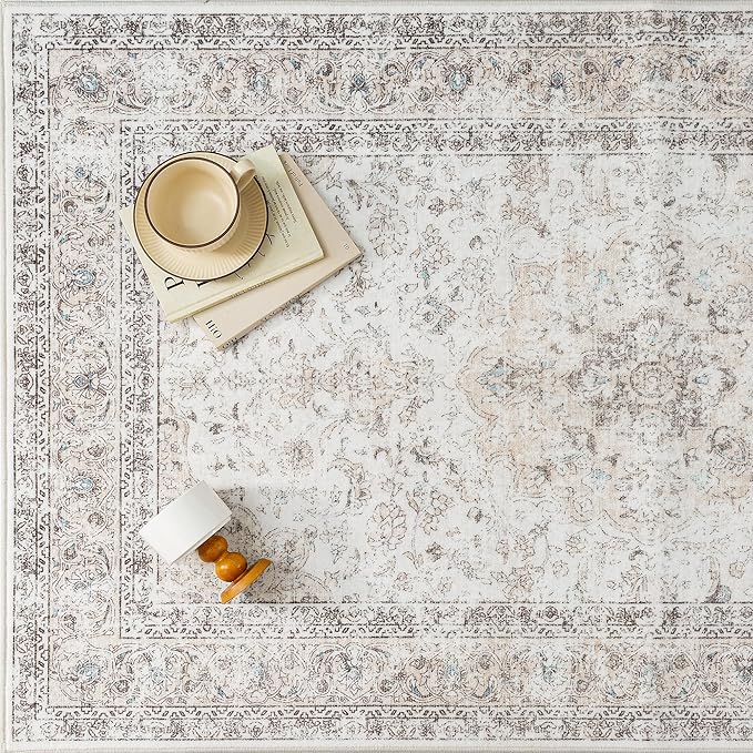 8x10 Washable Vintage Area Rug for Living Room Bedroom Beige Grey Soft Tranditional Non Slip Large Throw Rug Lightweight Floral Low Pile Distressed Carpet Office Playroom Dining Room