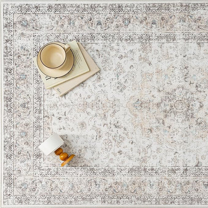 9x12 Washable Vintage Area Rug for Living Room Bedroom Beige Grey Soft Tranditional Non Slip Large Throw Rug Lightweight Floral Low Pile Distressed Carpet Office Playroom Dining Room